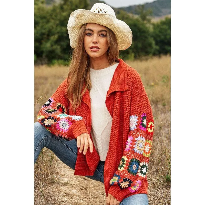 The Floral Crochet Sleeve Knit Cardigan in Rust or Cream