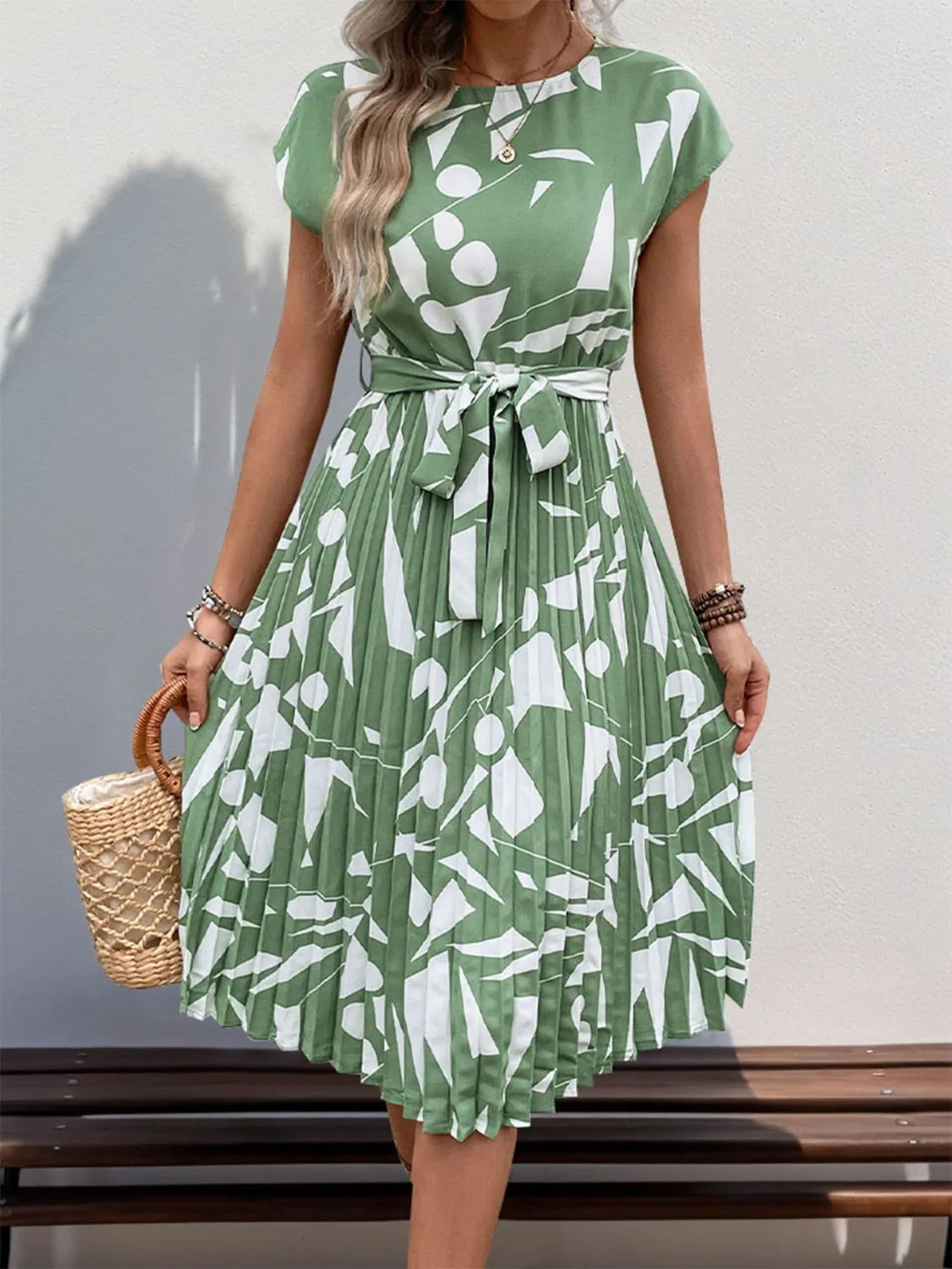 Tied Pleated Printed Cap Sleeve Dress