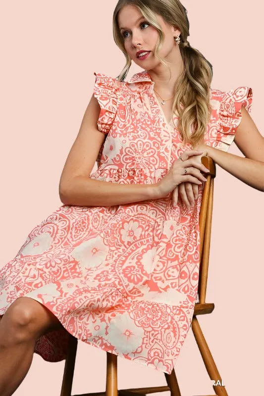 Umgee Floral Print Collared Dress - Coral Peach