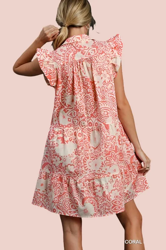 Umgee Floral Print Collared Dress - Coral Peach