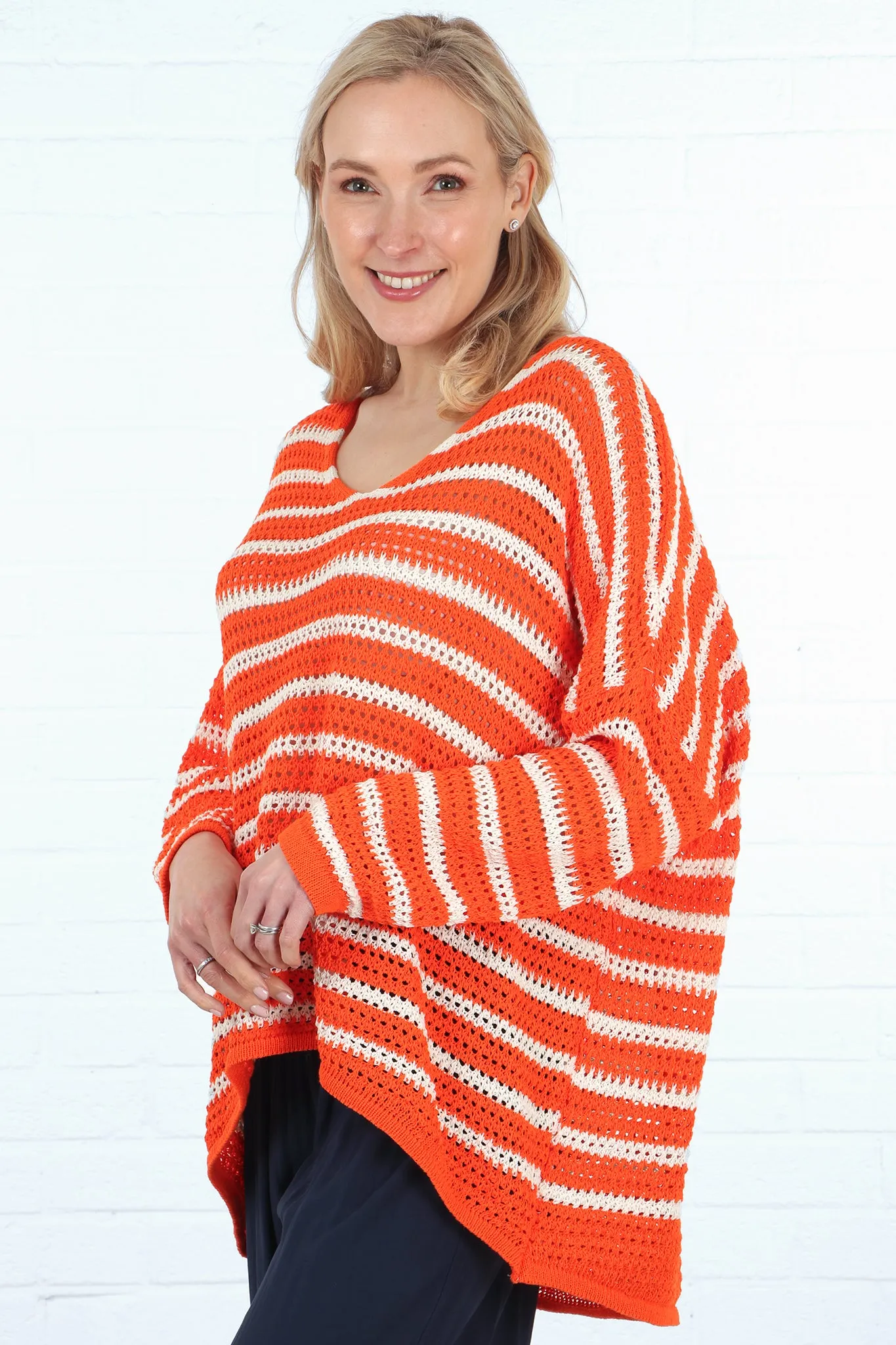 V-Neck Open Knit Striped Cotton Jumper in Cream Orange