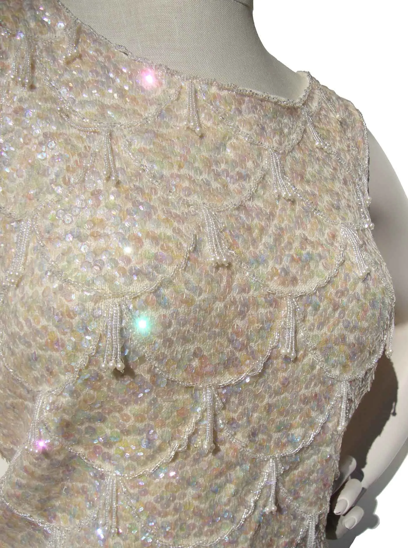 Vintage 60s White Sequins & Beads Top Cocktail Blouse S