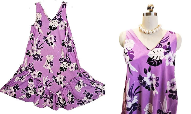 VINTAGE HAWAIIAN FLOUNCE HIBISCUS DRESS IN ORCHID AND BLACK - MADE IN HAWAII