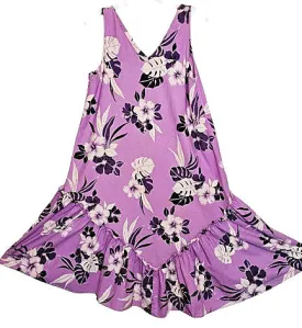 VINTAGE HAWAIIAN FLOUNCE HIBISCUS DRESS IN ORCHID AND BLACK - MADE IN HAWAII