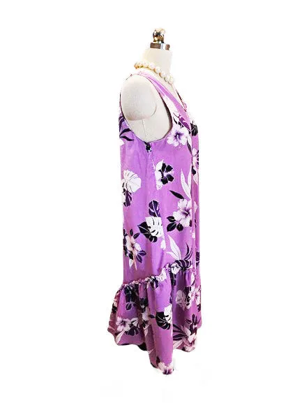 VINTAGE HAWAIIAN FLOUNCE HIBISCUS DRESS IN ORCHID AND BLACK - MADE IN HAWAII