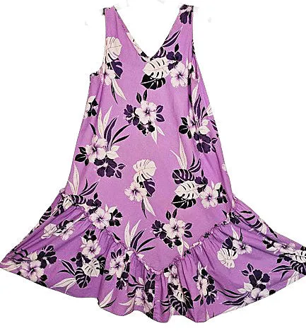 VINTAGE HAWAIIAN FLOUNCE HIBISCUS DRESS IN ORCHID AND BLACK - MADE IN HAWAII