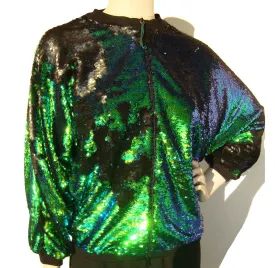 Vintage Sequin Bomber Jacket Metallic Green & Black Sequins M