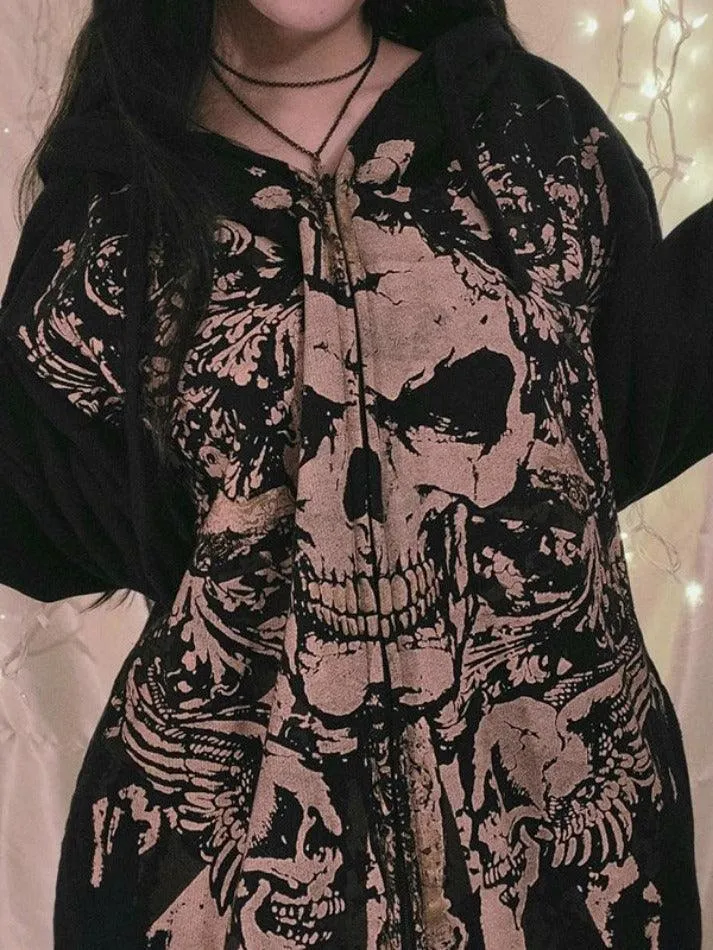 Wenkouban-Spring Casual Outfits Y2K Outfits Skull Print Zip Up Oversized Hoodie