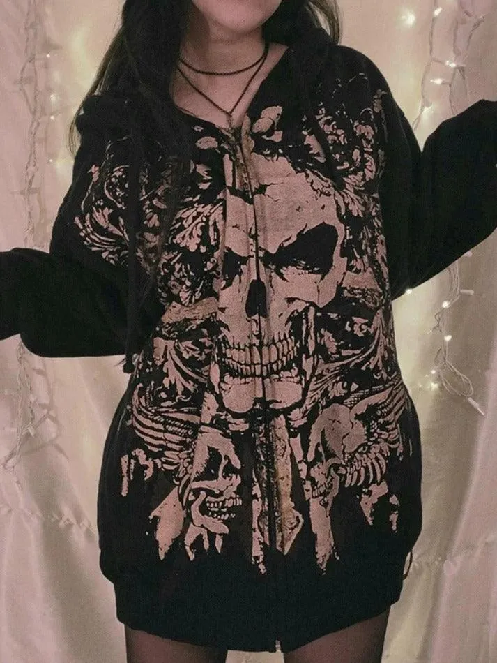 Wenkouban-Spring Casual Outfits Y2K Outfits Skull Print Zip Up Oversized Hoodie