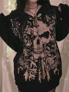 Wenkouban-Spring Casual Outfits Y2K Outfits Skull Print Zip Up Oversized Hoodie