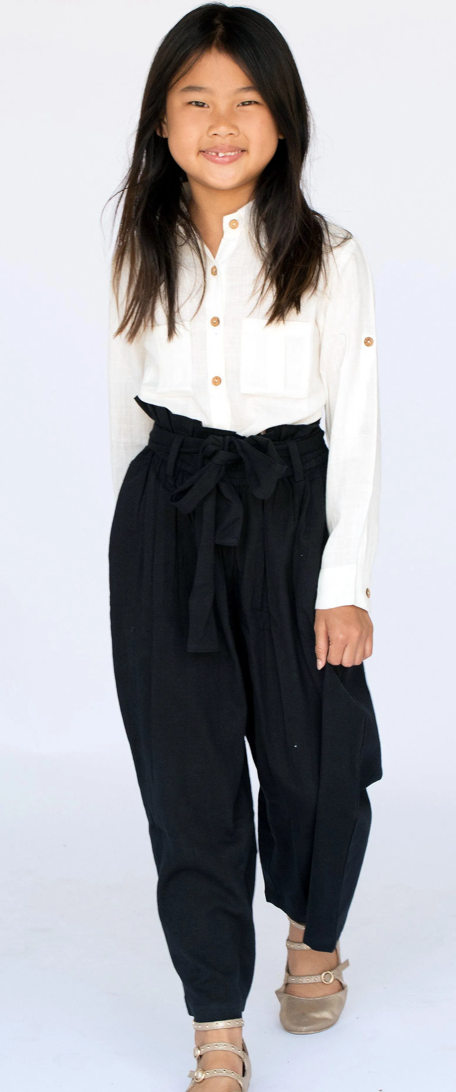 White Button Down Shirt with Black Paper Bag Pants 2 pc. Set