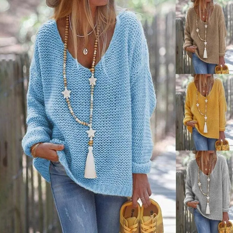 Women fall crochet knit long sleeve v neck sweater