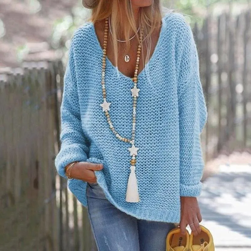 Women fall crochet knit long sleeve v neck sweater