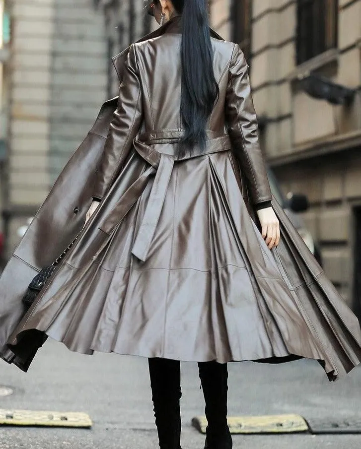 Women Leather Coat | Streetwear Coat | Women Trench Coat | Long Sleeve Coat | Long Trench Coat | Brown Black Long Leather Coat | Belted Coat