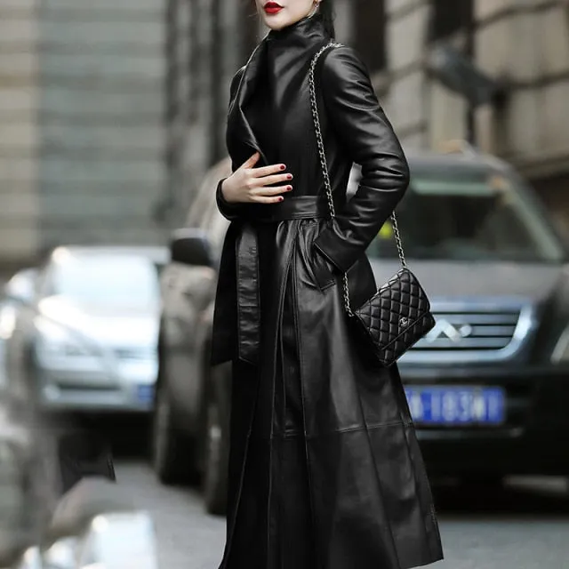 Women Leather Coat | Streetwear Coat | Women Trench Coat | Long Sleeve Coat | Long Trench Coat | Brown Black Long Leather Coat | Belted Coat