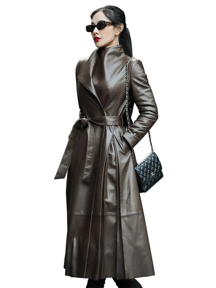 Women Leather Coat | Streetwear Coat | Women Trench Coat | Long Sleeve Coat | Long Trench Coat | Brown Black Long Leather Coat | Belted Coat