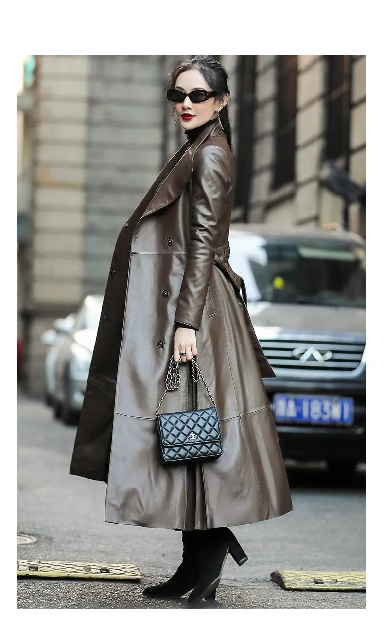 Women Leather Coat | Streetwear Coat | Women Trench Coat | Long Sleeve Coat | Long Trench Coat | Brown Black Long Leather Coat | Belted Coat