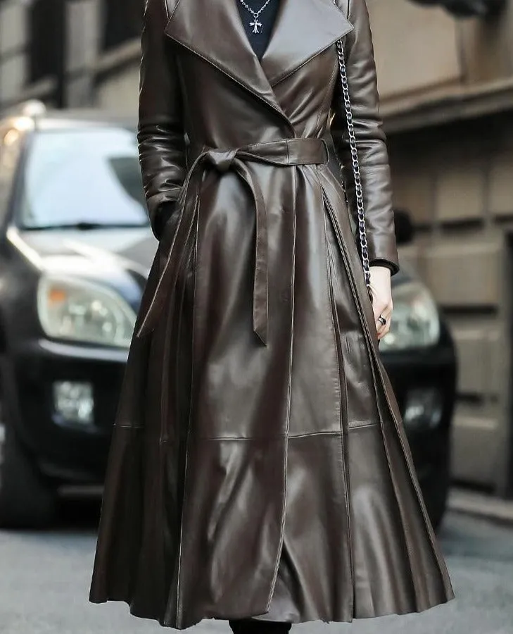 Women Leather Coat | Streetwear Coat | Women Trench Coat | Long Sleeve Coat | Long Trench Coat | Brown Black Long Leather Coat | Belted Coat