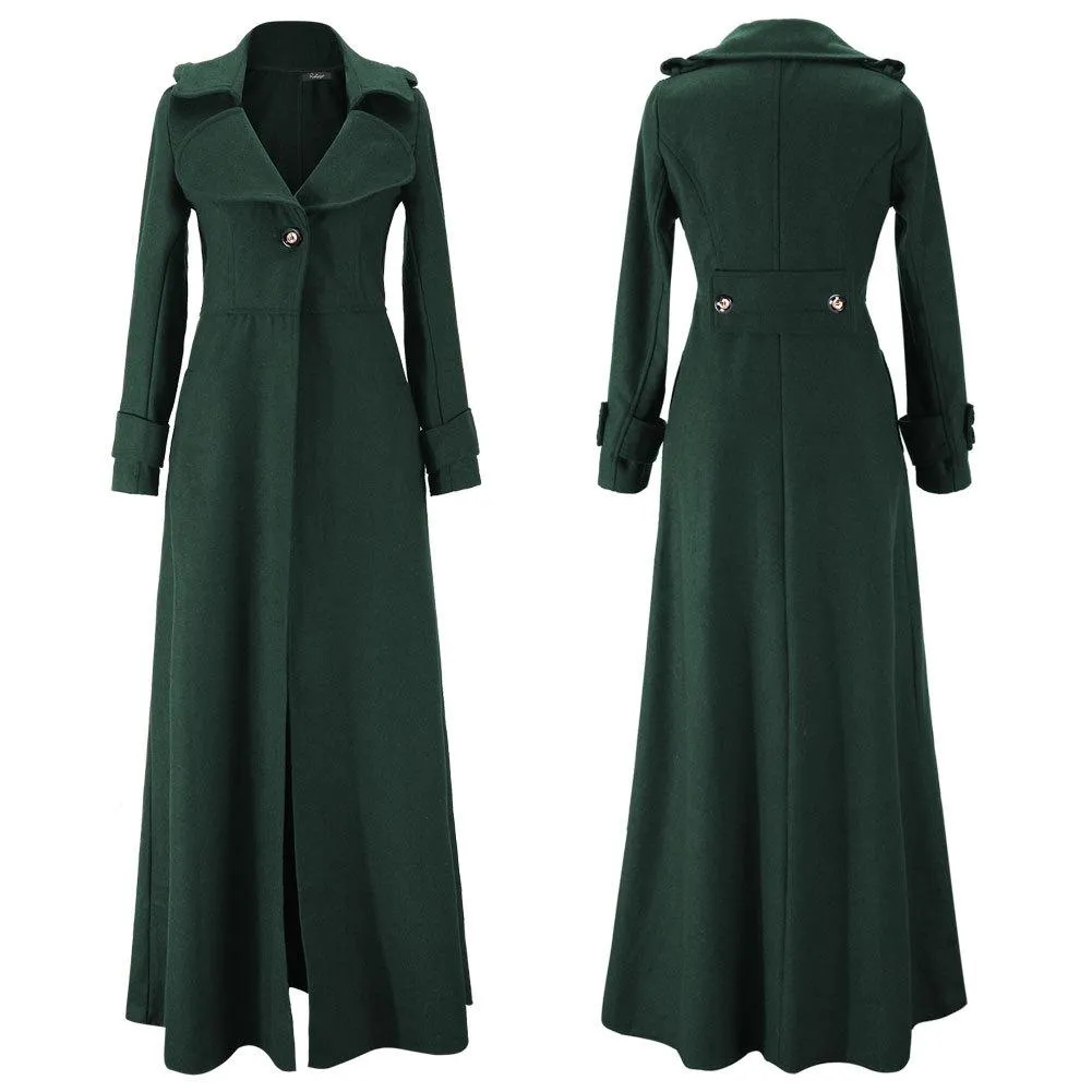 Women maxi turn-down collar long sleeve duster trench coat