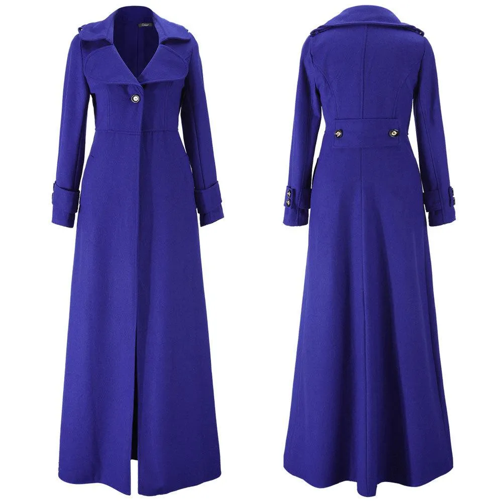 Women maxi turn-down collar long sleeve duster trench coat