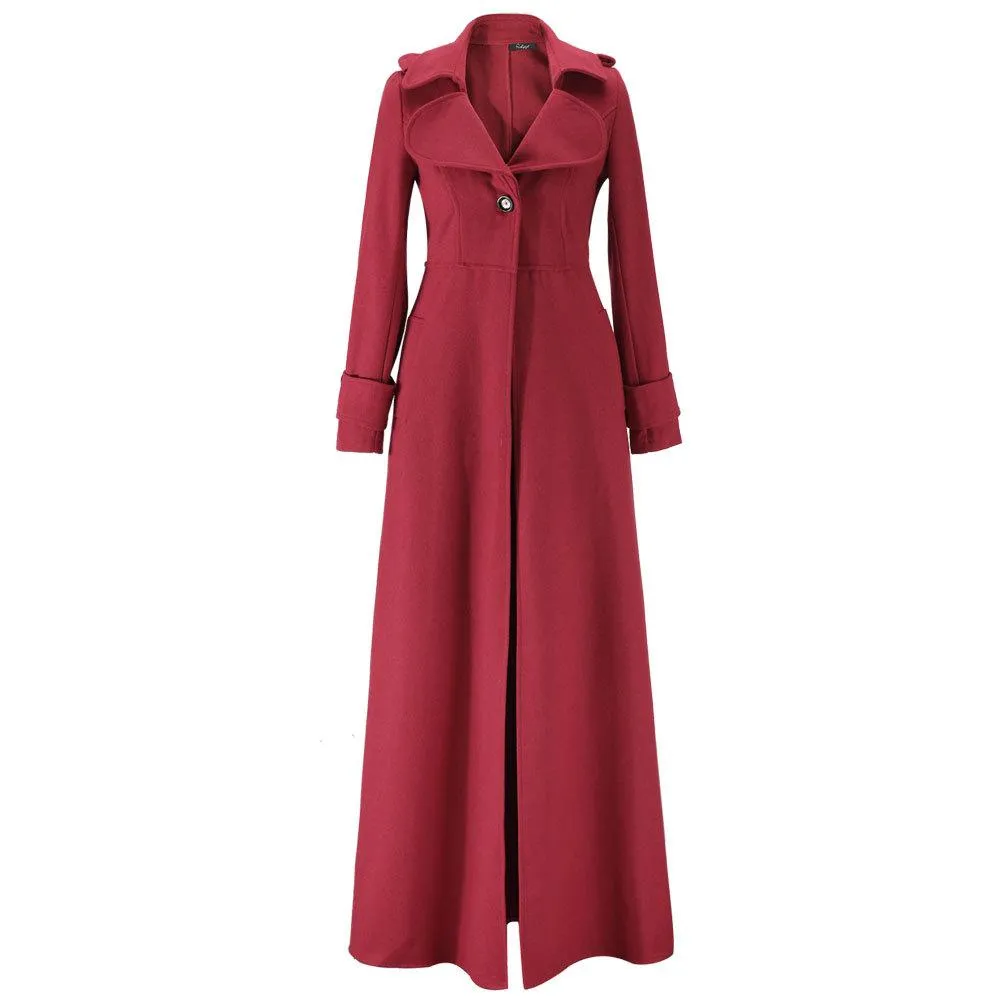 Women maxi turn-down collar long sleeve duster trench coat