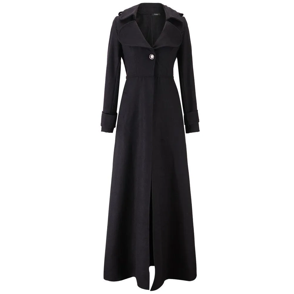 Women maxi turn-down collar long sleeve duster trench coat