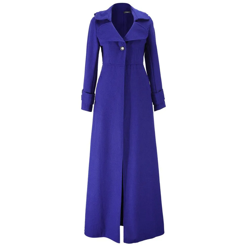 Women maxi turn-down collar long sleeve duster trench coat