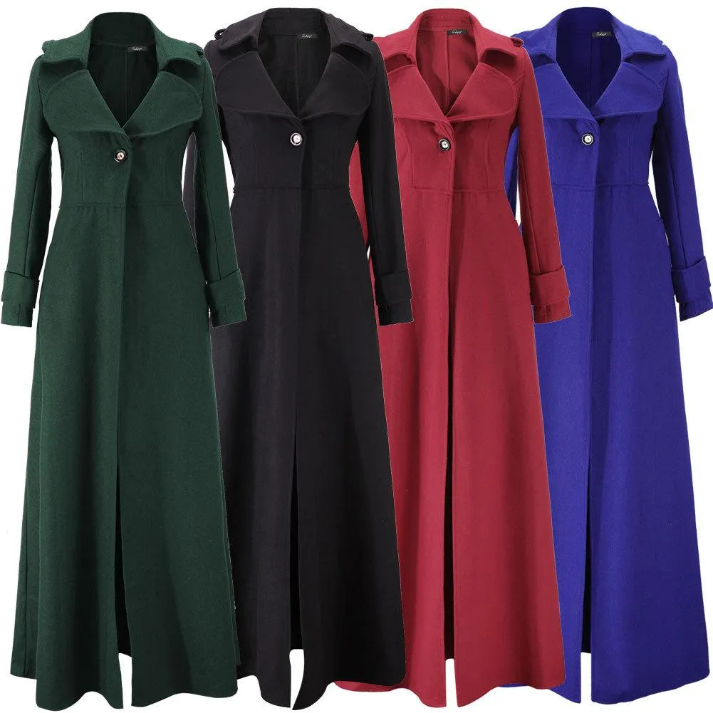 Women maxi turn-down collar long sleeve duster trench coat