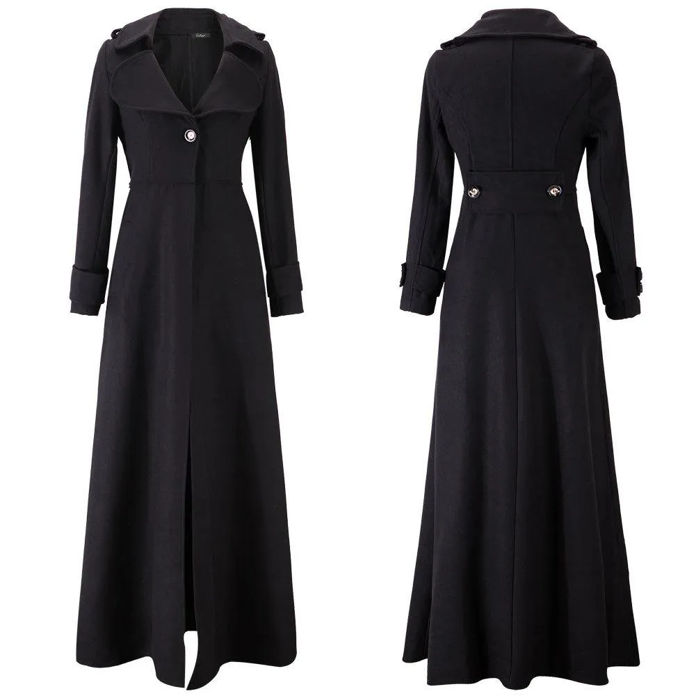 Women maxi turn-down collar long sleeve duster trench coat