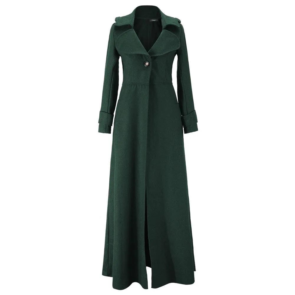 Women maxi turn-down collar long sleeve duster trench coat