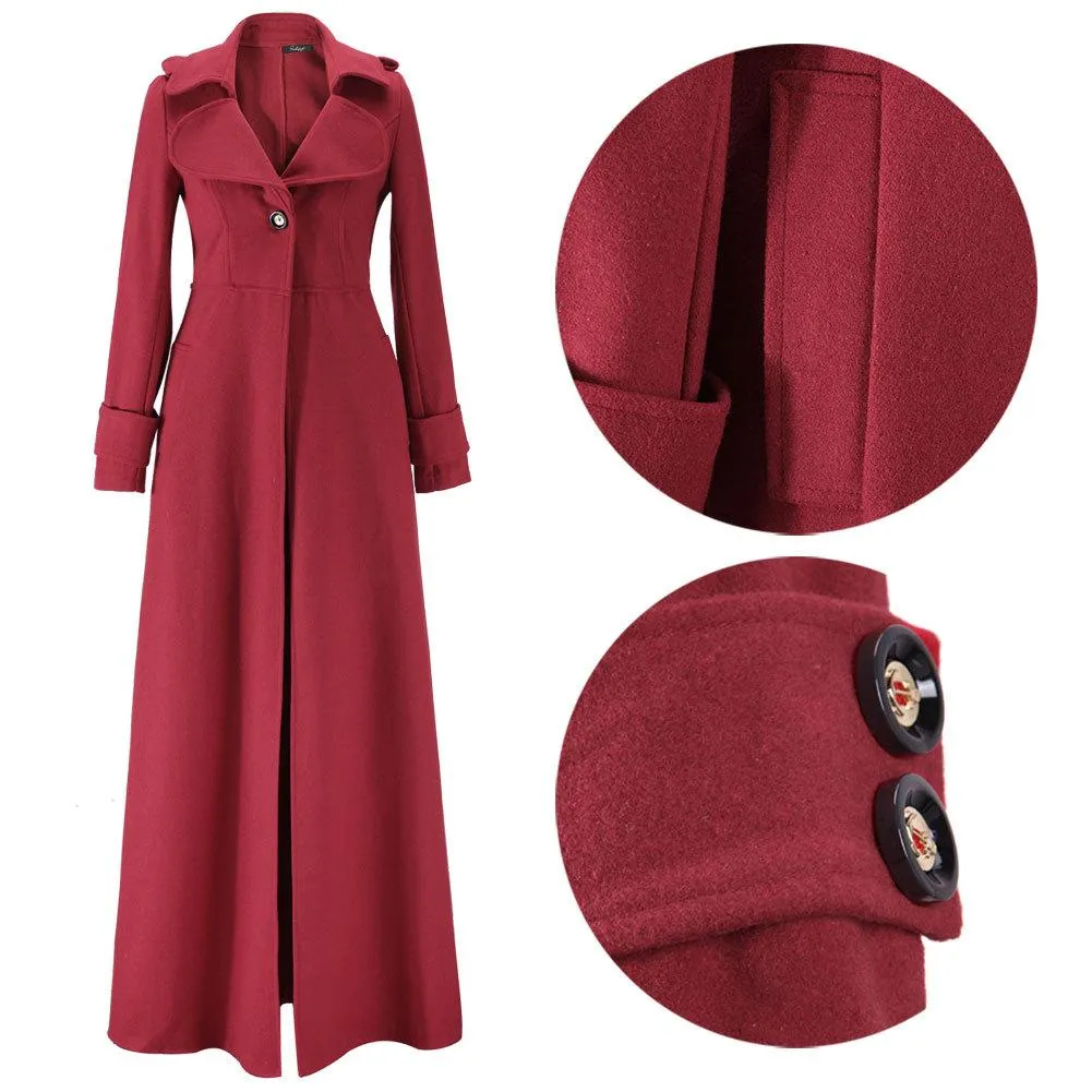 Women maxi turn-down collar long sleeve duster trench coat