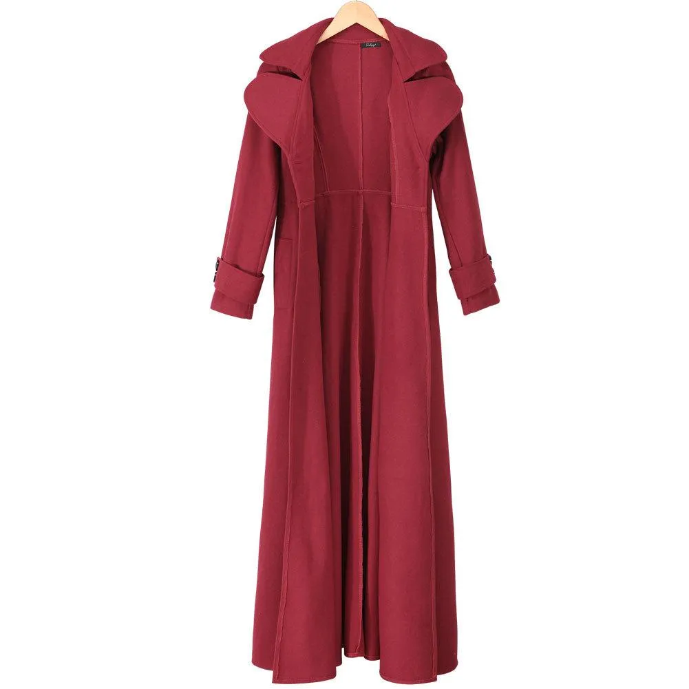 Women maxi turn-down collar long sleeve duster trench coat