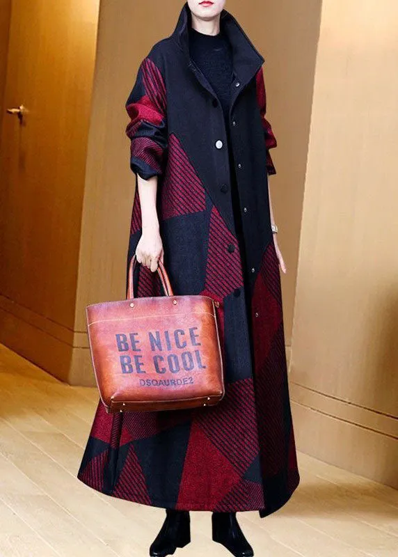 Women Red Oversized Striped Warm Fleece Wool Coat Outwear Spring AC2048