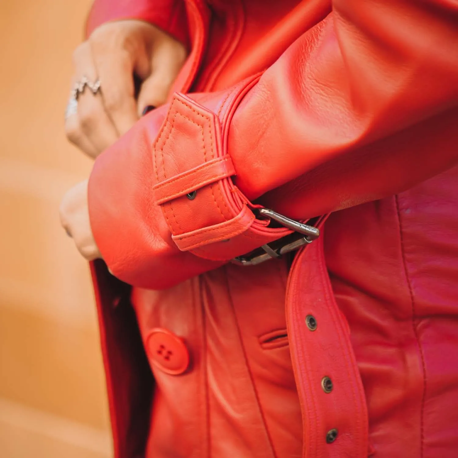 Women 's Double Breasted Red Leather Trench Coat