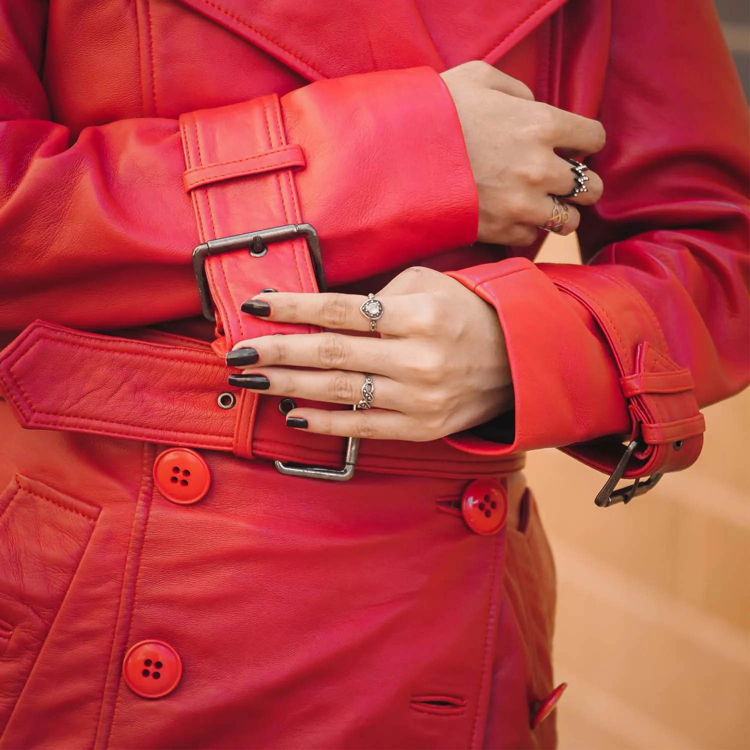 Women 's Double Breasted Red Leather Trench Coat