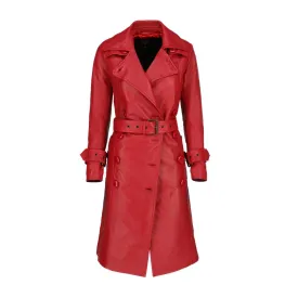 Women 's Double Breasted Red Leather Trench Coat