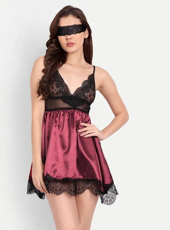 Women Satin Lace Babydoll Lingerie with G-string Panty Pack of 2 Maroon Navy