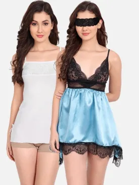 Women Satin Lace Babydoll Lingerie with G-string Panty Pack of 2 Sky-Blue White