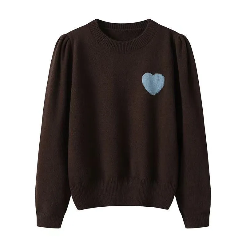 Women Sweater,Korean Style Heart Embroidered Round Neck Sweater