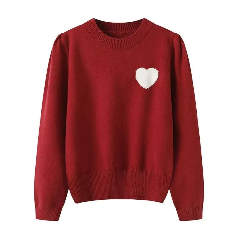 Women Sweater,Korean Style Heart Embroidered Round Neck Sweater