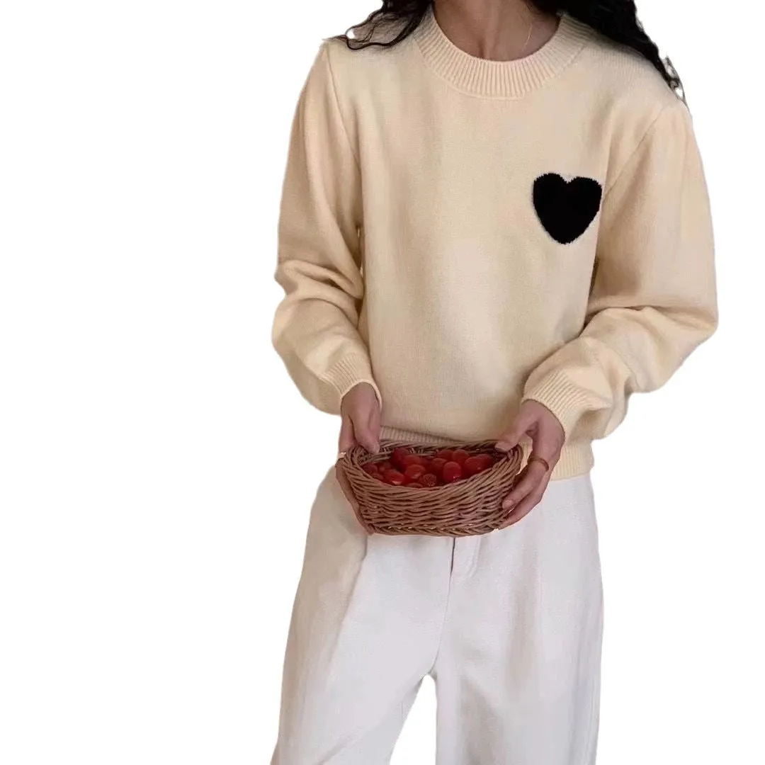 Women Sweater,Korean Style Heart Embroidered Round Neck Sweater