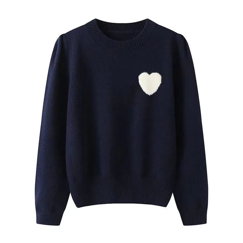 Women Sweater,Korean Style Heart Embroidered Round Neck Sweater